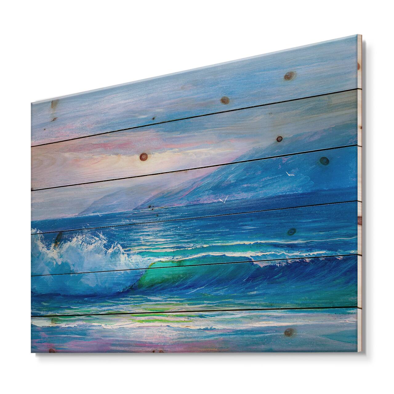 Designart - Blue Waves Breaking At The Beach II - Nautical & Coastal Print on Natural Pine Wood